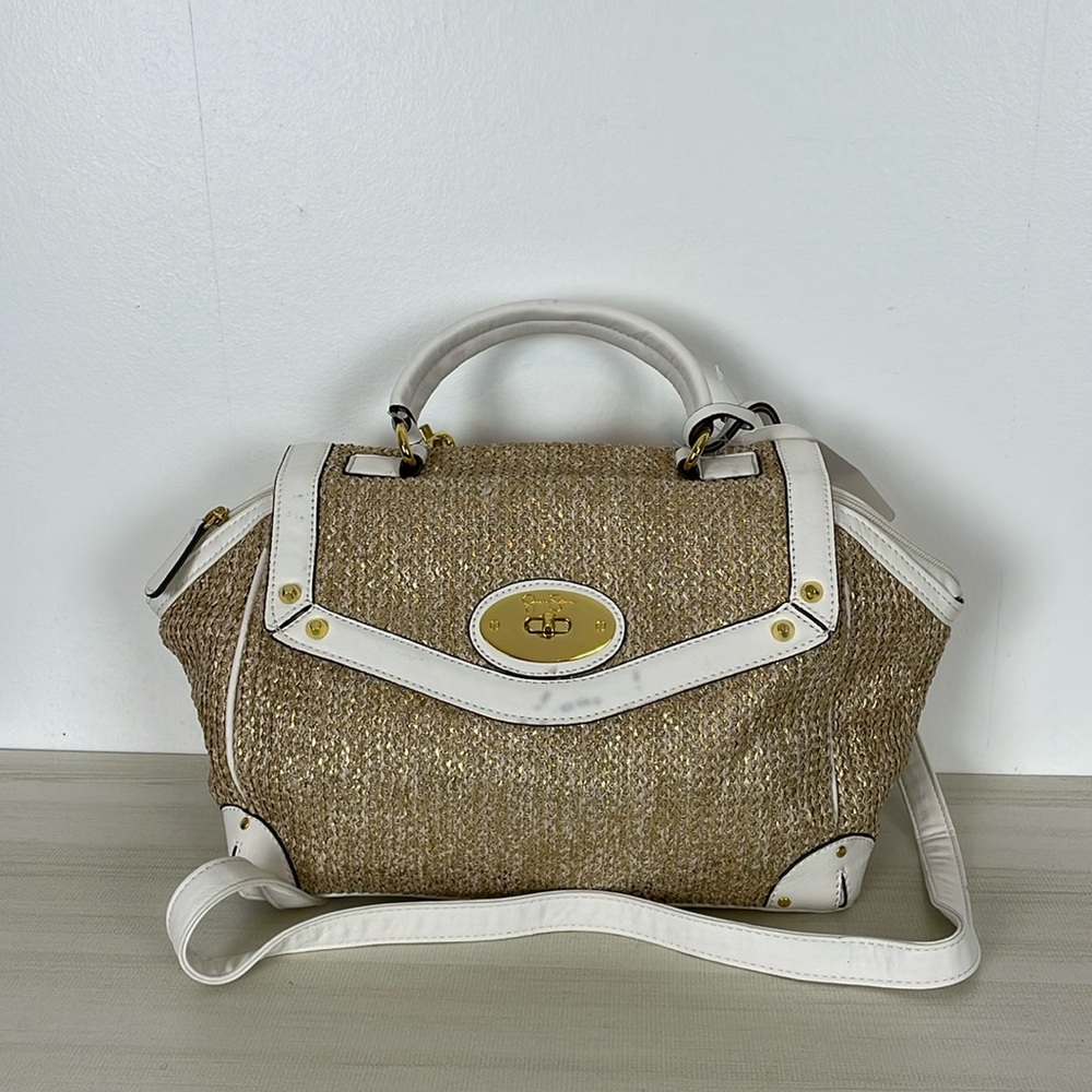 Jessica Simpson Darla Tan Cream Shoulder Bag Straw 3 Inside Pockets Zip Latch